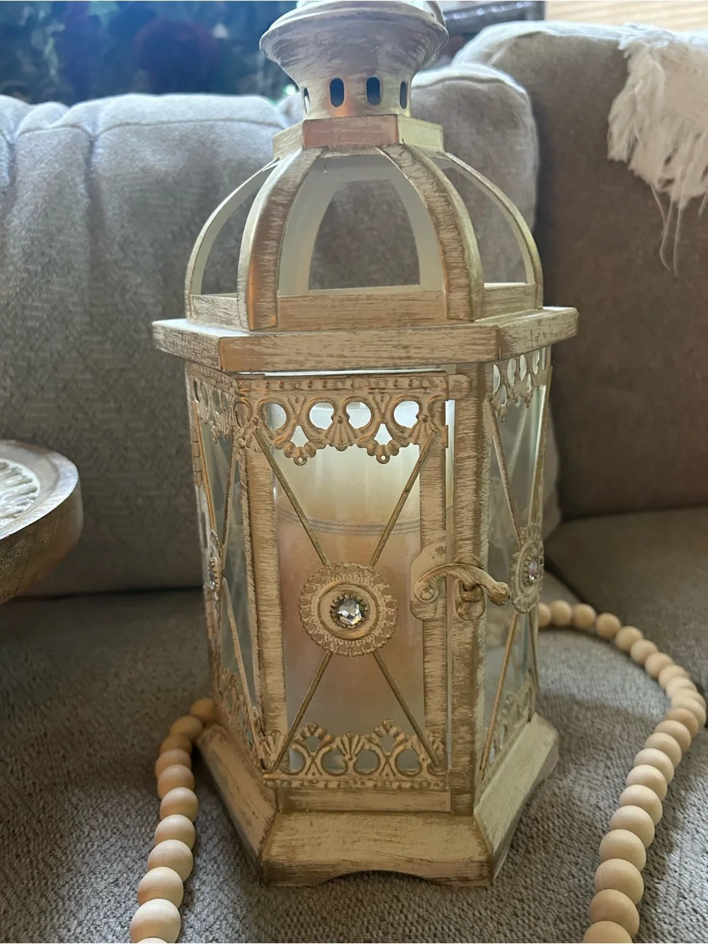Rare Pier 1 Imports Ivory Gold Decorative Metal Lantern Home Accent Wedding